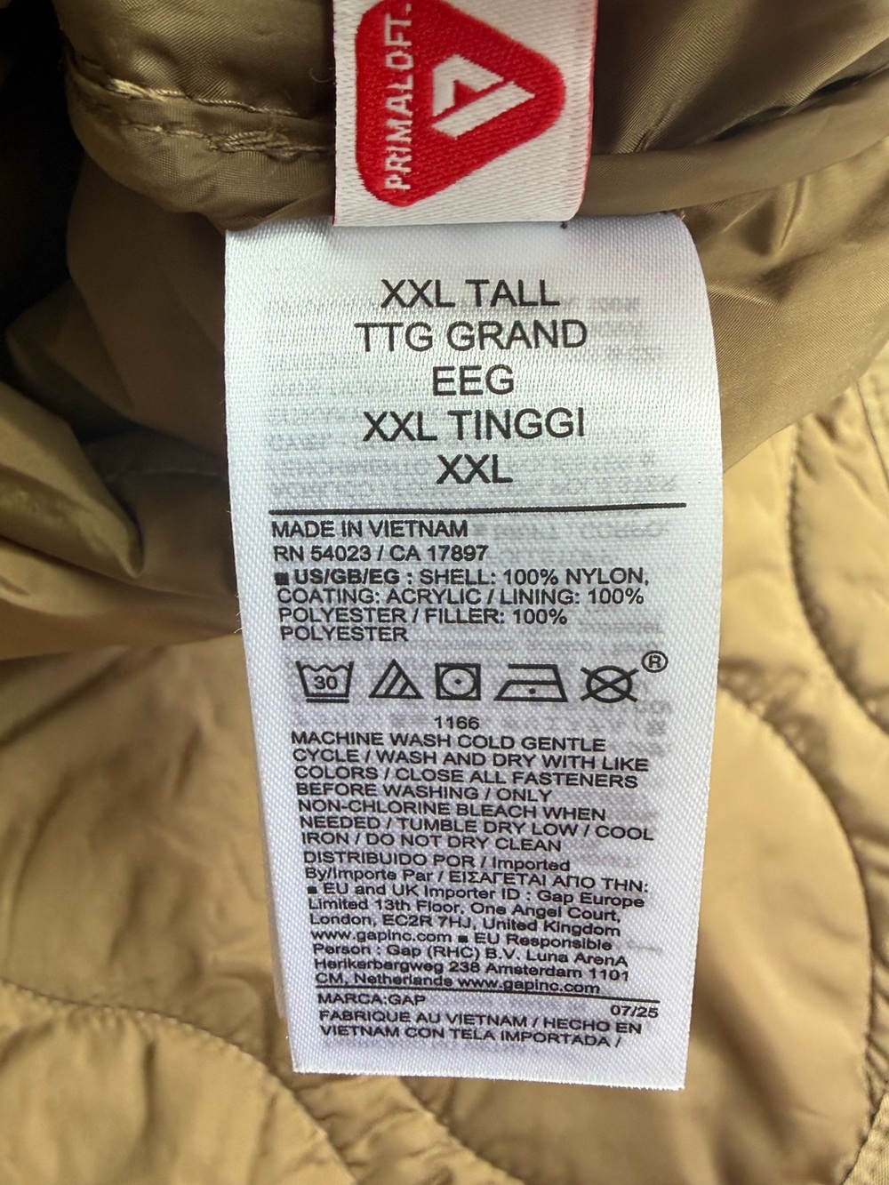 NWT Gap Primaloft Quilted Jacket XXL Tall Dried Moss Water Resistant Lightweight - Picture 6 of 10